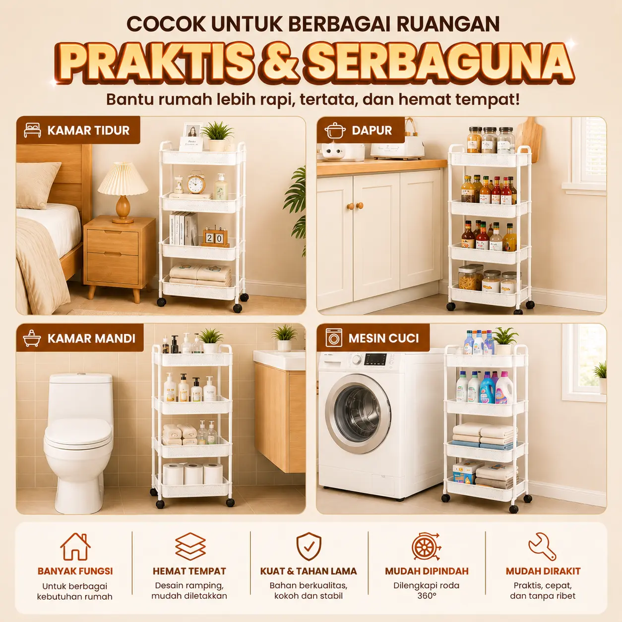 Rak Troli Serbaguna — Cocok Untuk Berbagai Ruangan