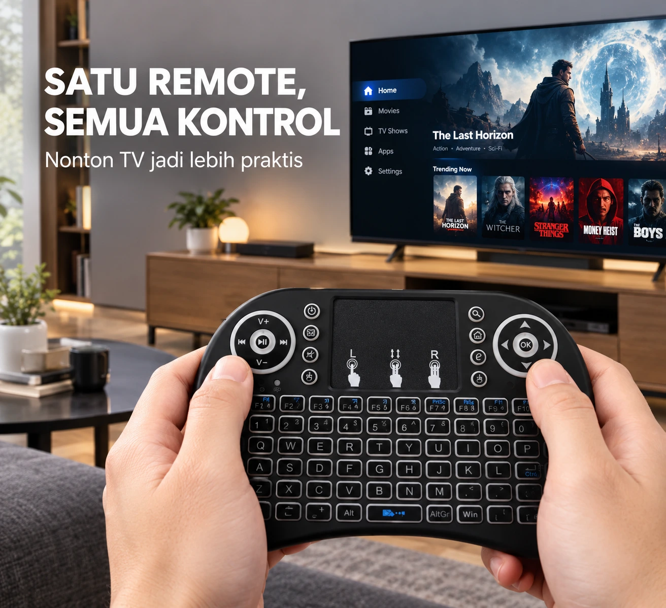 Mini Keyboard Wireless 2.4GHz dengan Touchpad — Satu Remote, Semua Kontrol