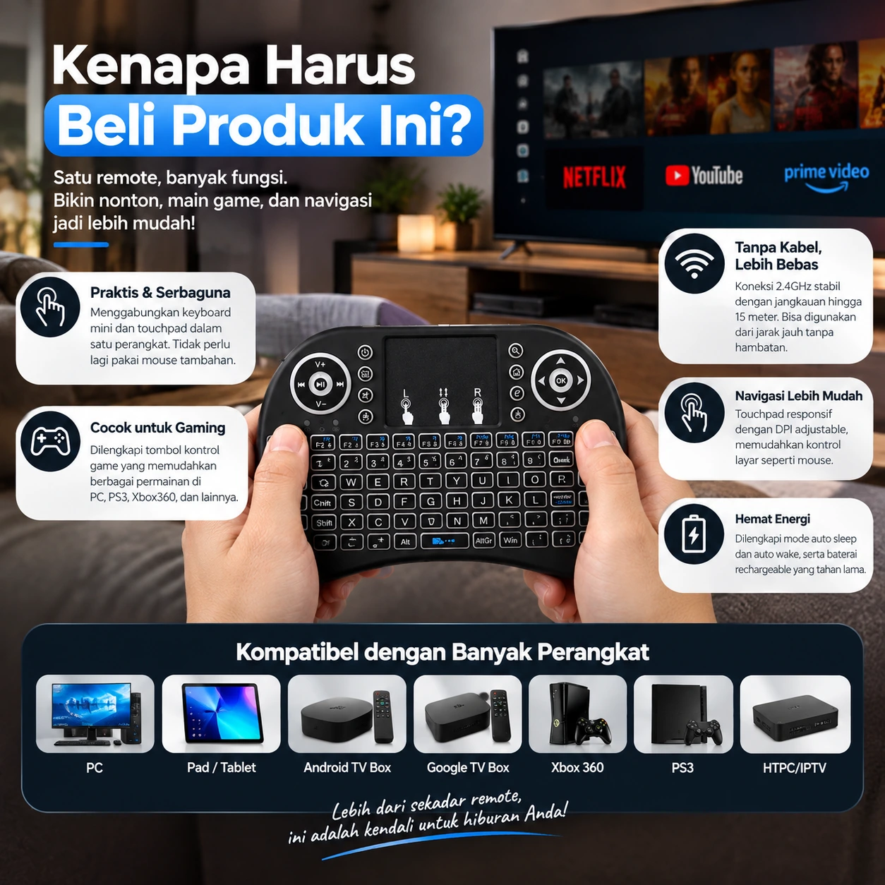 Mini Keyboard Wireless 2.4GHz — Koneksi Stabil, Touchpad Sensitif, Baterai Rechargeable, Desain Ergonomis, 92 Keys Full Function