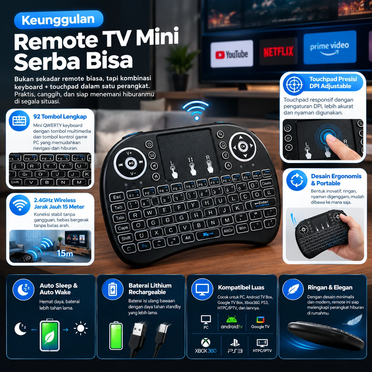 Kenapa Harus Beli Mini Keyboard Wireless Ini — Praktis & Serbaguna, Cocok untuk Gaming, Tanpa Kabel Lebih Bebas, Navigasi Lebih Mudah, Hemat Energi